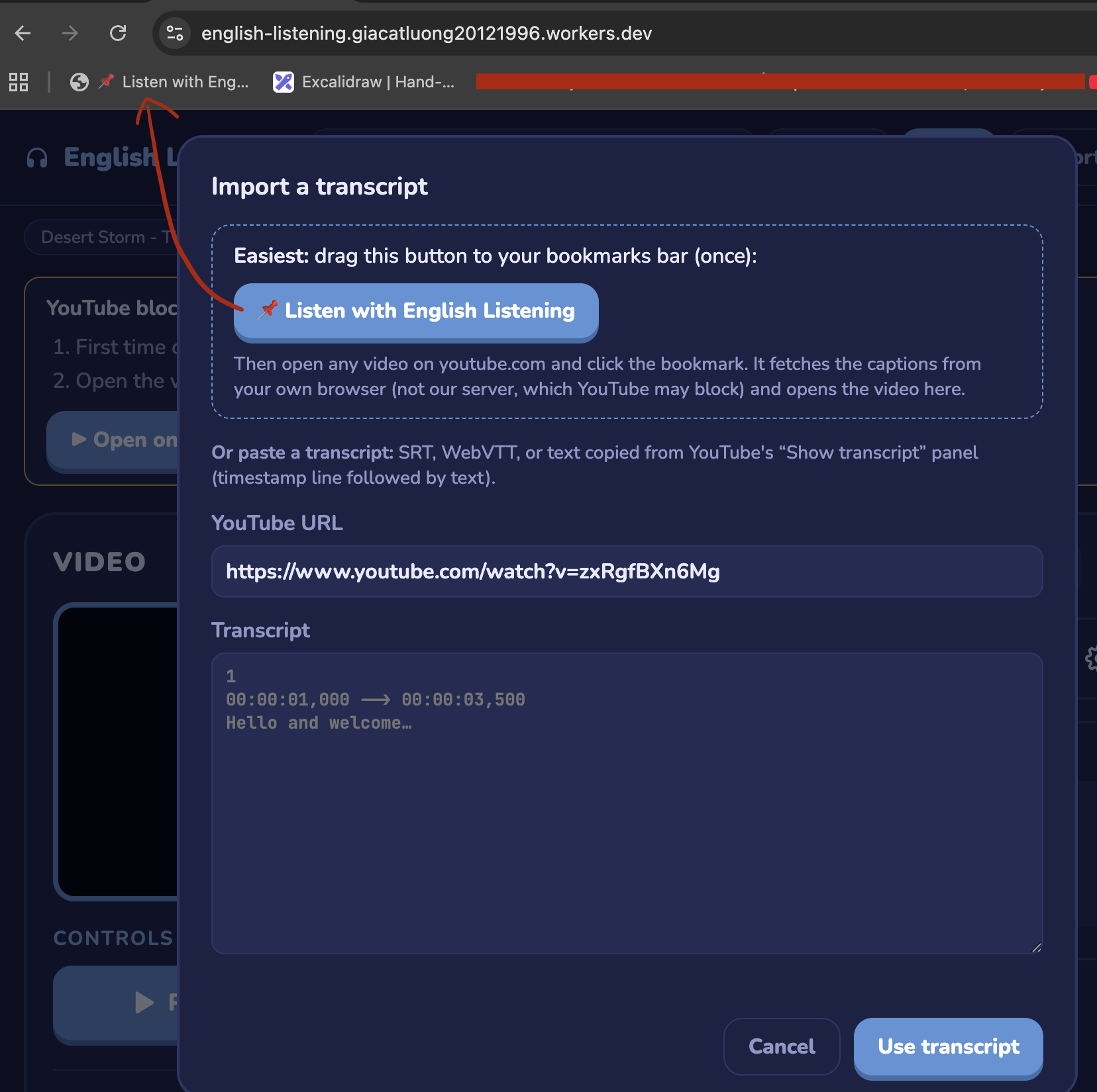 Dragging the Listen with English Listening button onto the bookmarks bar