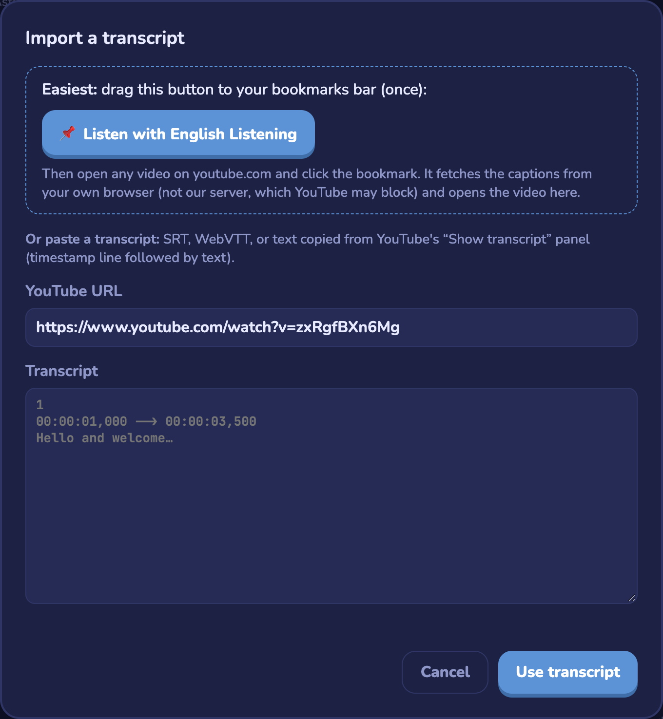 Import a transcript dialog