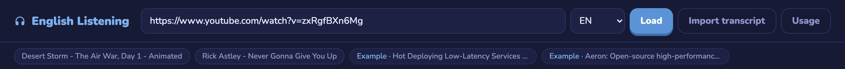 Top bar with the URL input, language picker and buttons